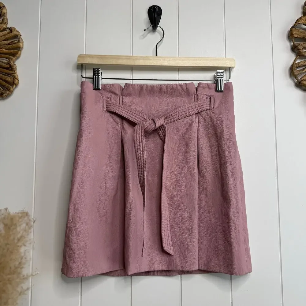 Free People mini skirt paperbag belted vegan leather pleated 4 mauve boho